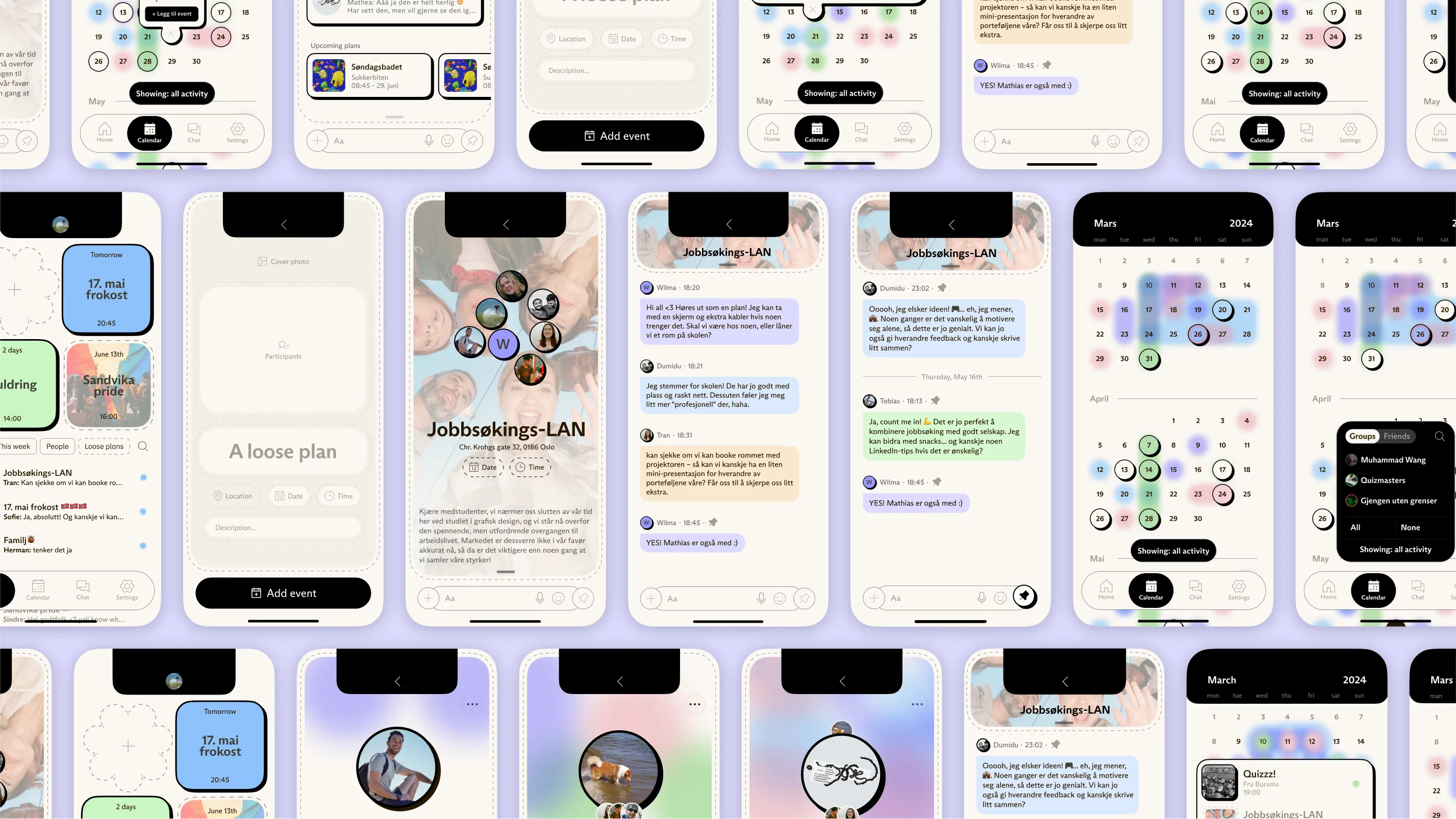All screens of the app, laid out
