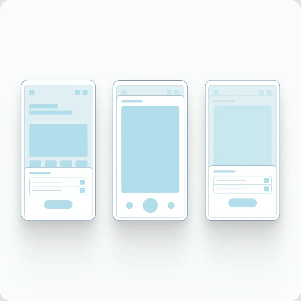 Tre skjermer i wireframe: rotskjerm, pushet skjerm og et overlegg