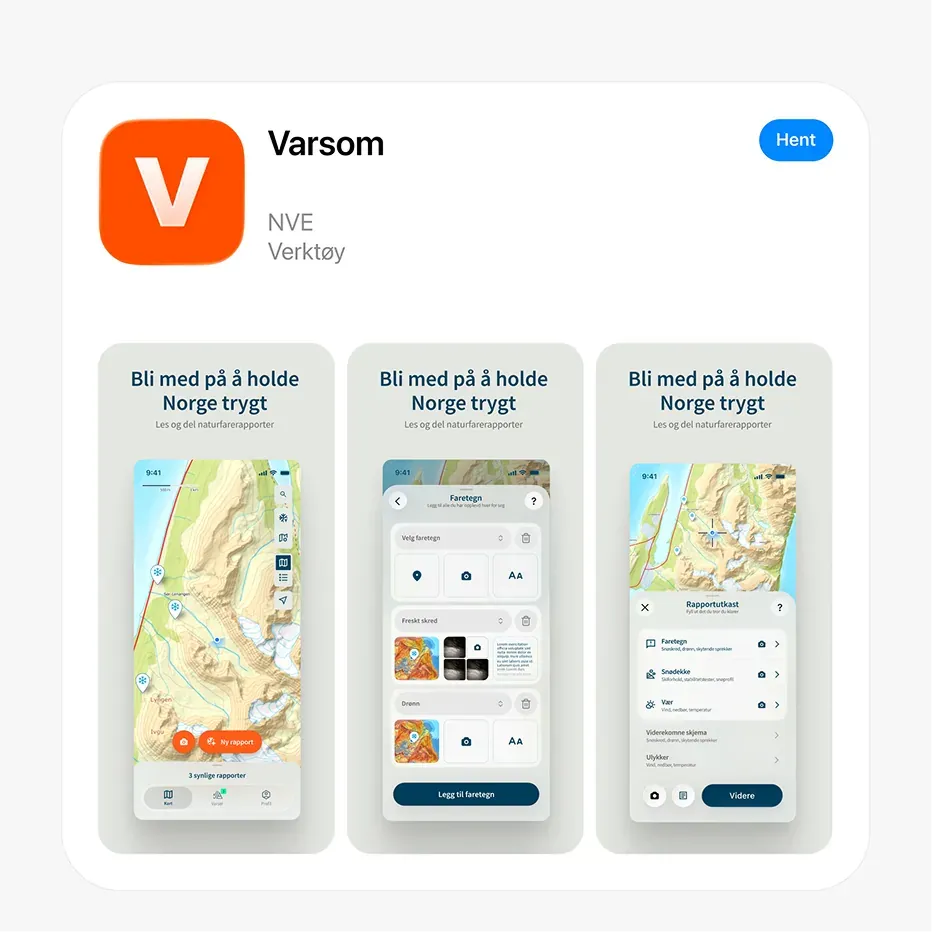 The Varsom App Store listing, with screenshots captioned «Bli med på å holde Norge trygt»